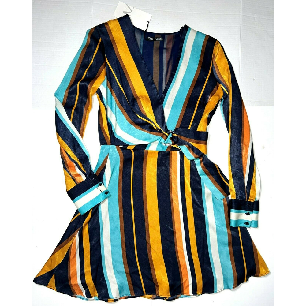 NEW Zara Multi-Colored Striped Satin Long Sleeve Wrap Side Tie Lined Dress XS